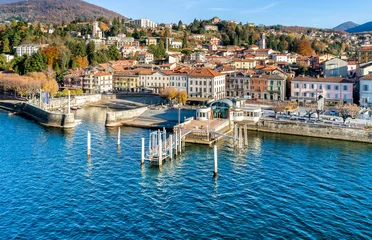 Washable wall murals City on the water Aerial view of Luino, is a small town on the shore of Lake Maggiore in province of Varese, Italy.