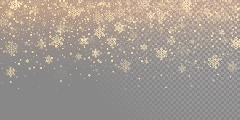Fotobehang Falling snow flake golden pattern background. Gold snowfall overlay texture isolated on transparent white background. Winter Xmas snowflake elementsfor Christmas of New Year holiday design template © Ron Dale