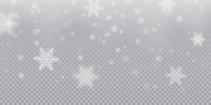 Falling snowflake pattern background of white cold snowfall overlay texture isolated on transparent background. Winter Xmas snow flake ice elements template for Christmas of New Year holiday design