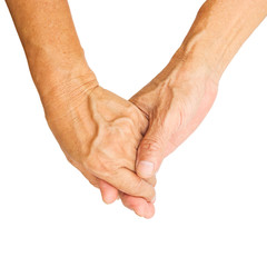 Hands holding together, hand in hand action. Portrait of body part on white isolate background. Concept of love and relationship.