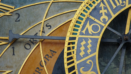 Obraz premium Astronomical Clock Tower detail in Old Town of Prague, Czech Republic. Astronomical clock was created in 1410 by the watchmaker Mikulas Kadan and mathematician-astronomer Jan Schindel.