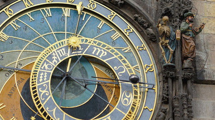Fototapeta premium Astronomical Clock Tower detail in Old Town of Prague, Czech Republic. Astronomical clock was created in 1410 by the watchmaker Mikulas Kadan and mathematician-astronomer Jan Schindel.