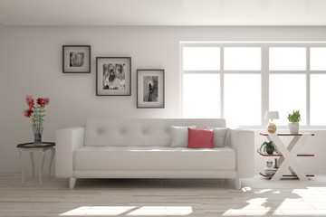 Idea of white minimalist room with sofa. Scandinavian interior design. 3D illustration