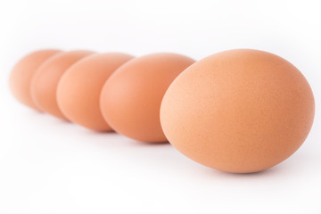 Five eggs are isolated on a white background
