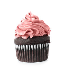 Delicious chocolate cupcake on white background