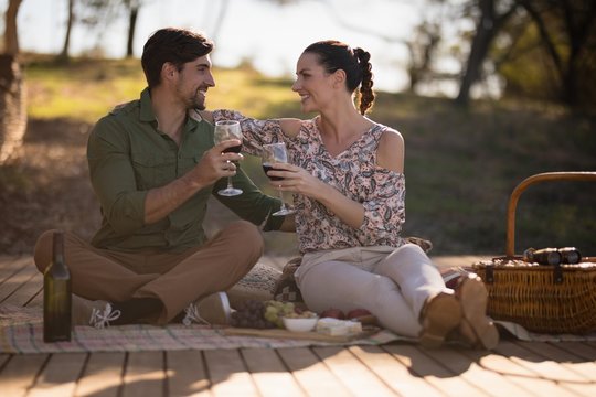 Couple toasting glasses of wine during safari vacation
