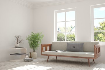 Idea of white room with sofa and summer landscape in window. Scandinavian interior design. 3D illustration