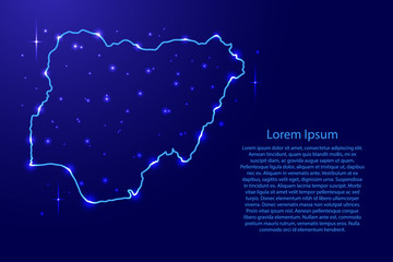 Map Nigeria from the contours network blue, luminous space stars for banner, poster, greeting card, of vector illustration