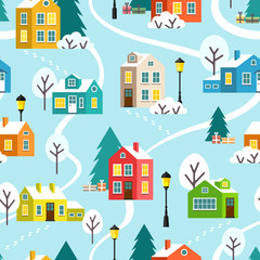 Winter snowy town or village seamless pattern. Merry Christmas and Happy New Year landscape. Vector children flat cartoon illustration.