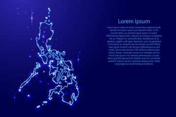 Fototapeta premium Map Philippines from the contours network blue, luminous space stars for banner, poster, greeting card, of vector illustration