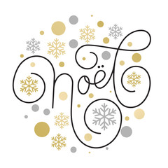 Merry Christmas Joyeux Noel French flourish hand drawn calligraphy lettering on golden snowflake ornament pattern white background. Vector typography for greeting card Christmas holiday quote text