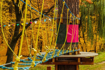  Alpinist adventure park in the autumn forest. Transitions from tree to tree on pendant wooden bridges.