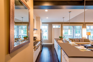 Modern, bright, clean, kitchen interior with stainless steel appliances in a luxury house