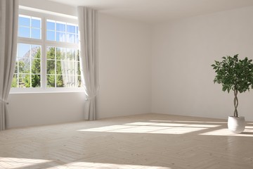 Obraz premium White empty room with summer landscape in window. Scandinavian interior design. 3D illustration