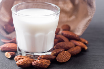 Almond milk in glass with almonds