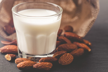 Almond milk in glass with almonds