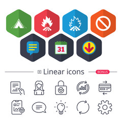 Tourist camping tent sign. Fire flame icons.