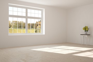 White empty room with summer landscape in window. Scandinavian interior design. 3D illustration