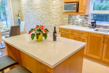 Modern, bright, clean, kitchen interior with stainless steel appliances in a luxury house