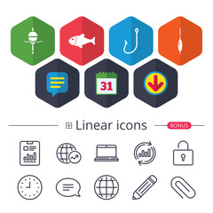Fishing icons. Fish with fishermen hook symbol.