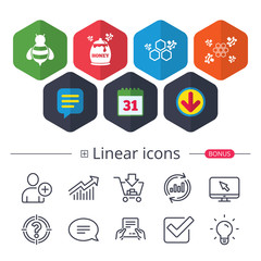 Honey icon. Honeycomb cells with bees symbol.