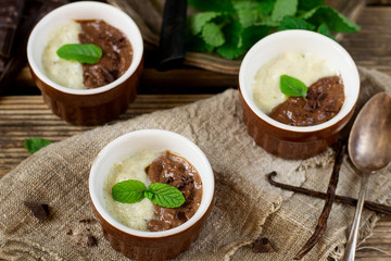 Chocolate and vanilla custard cream dessert Vla served with mint leaves