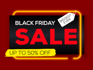 Black Friday Sale labels with neon light frame. Black Friday banner. biggest sale ever. Sale and discount. Vector illustration.