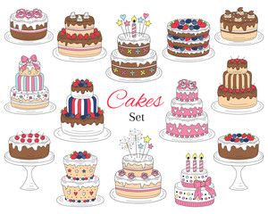 Cakes set, vector hand drawn colorful doodle illustration.