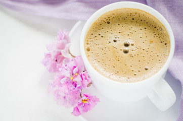 White cup of morning coffee or cappuccino.