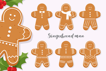 Set of smiling gingerbread man. Holiday sweet cookie isolated on light background. Symbol of Merry Christmas and Happy New Year. Cartoon vector illustration.