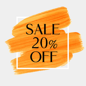 Sale 20% off sign over art brush acrylic stroke paint abstract texture background poster vector illustration. Perfect watercolor design for a shop and sale banners.