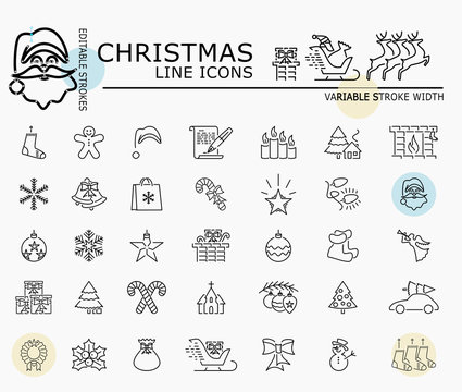 Christmas line icons with minimal nodes and editable stroke width and style