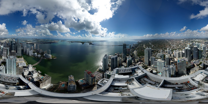 Aerial 360 spherical panorama Brickell Miami above buildings