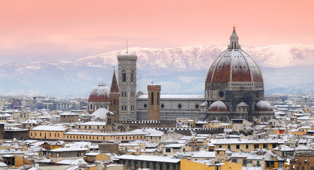 Beautiful winter cityscape of Florence with Cathedral of Santa Maria del Fiore on the background,...