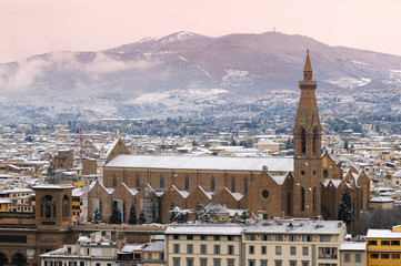 Florence during winter season, Basilica of the Holy Cross as seen from Piazzale Michelangelo. Italy.