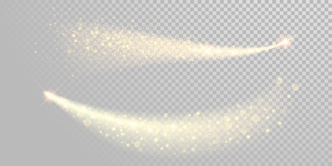Christmas holiday golden glitter light wave background template of sparkling gold particles and shiny confetti effect. Vector glittering shimmer glare trail for New Year or Christmas white design © Ron Dale
