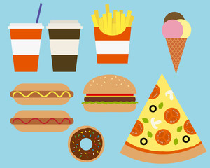Vector illustration of various Fastfood food and beverages, suitable for menu card - flat