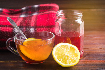 Drugs for colds - pills, spray. Folk remedies - lemon, tea, raspberry jam. Thermometer, handkerchiefs. Treatment of illness, influenza.