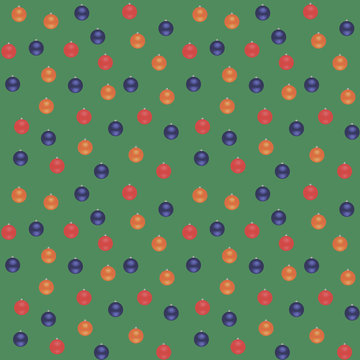 Blue, red, orange Christmas balls on a green background. Seamless vector pattern.