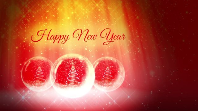 composition for New Year with 3d Christmas tree from glowing particles and sparkles in snowglobe or snowball. With rays such as aurora borealis and snowfall on red-orange background. V30