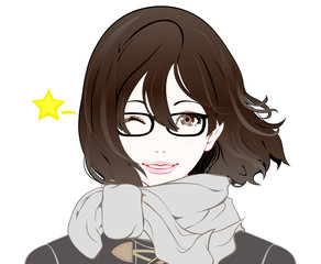 メガネをかけた女性の表情 / 冬服 / ウインク / なびく髪