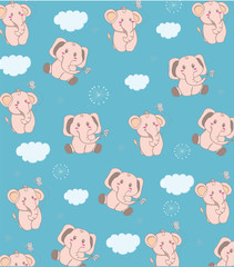 Children colorful background with elephants and clouds on a blue background