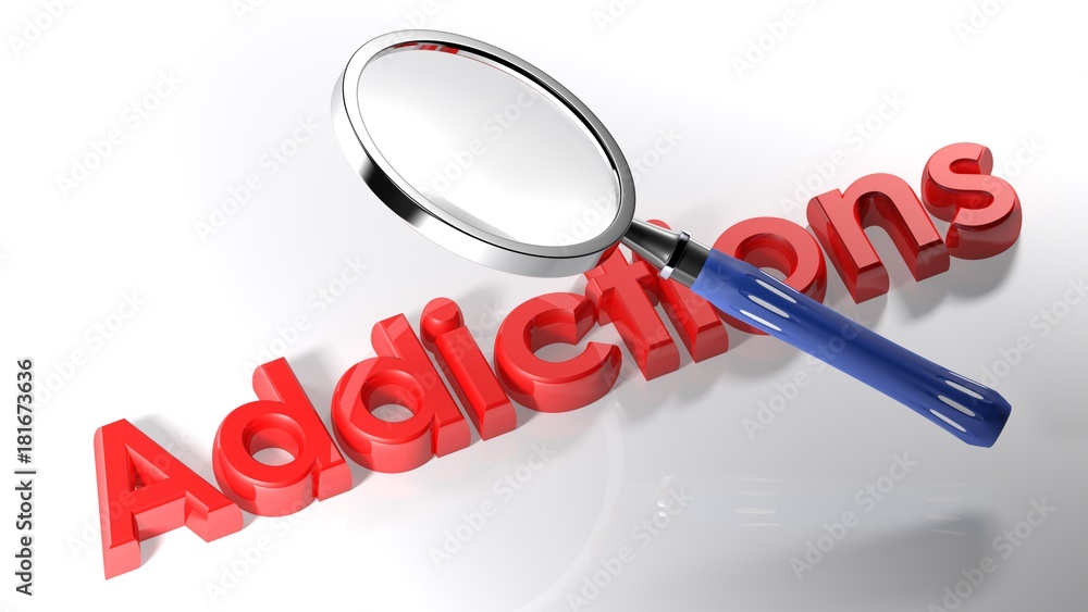 Poster magnifier on addictions - 3d rendering