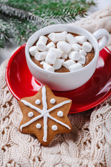 Fototapeta na wymiar Hot chocolate and marshmelow in a white cup on a red plate on a knitted warm blanket. Christmas cookies. vertically