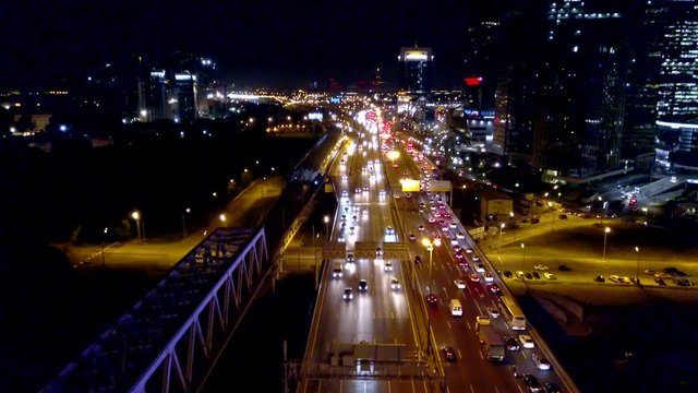 Aerial view on a Moscow road traffic at the night