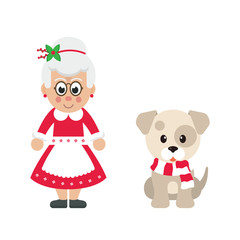 cartoon mrs santa and winter dog