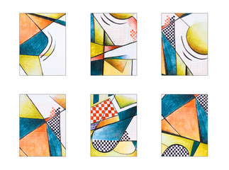 Covers han drawn templates set with bauhaus and cubism style graphic geometric elements.