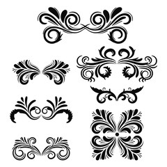 Abstract black curly design element set isolated on white background. Dividers. Swirls. Vector illustration.