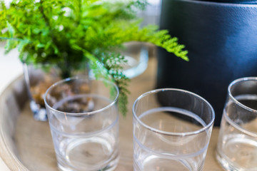 Macro closeup of empty glasses on table by plant