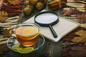 A cup of tea and a notebook on the background of an old tree. Autumn still life